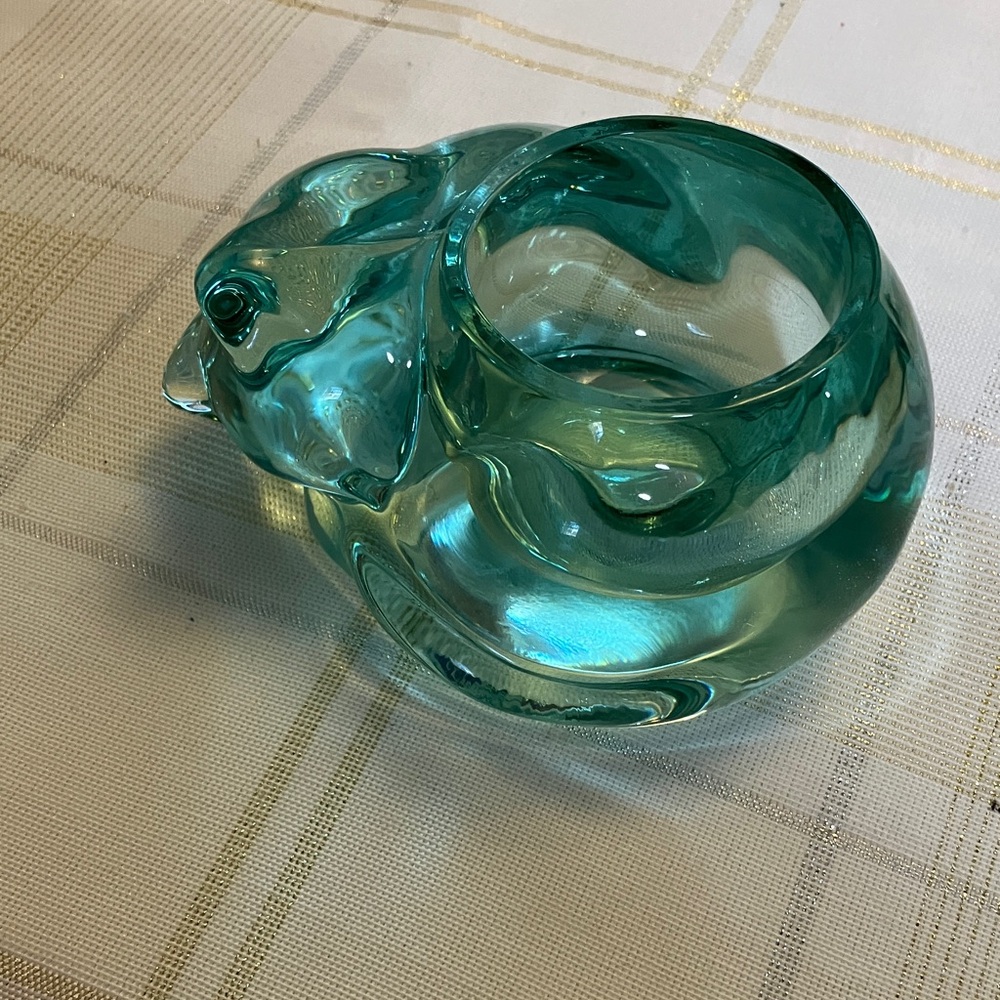 Vintage Sleeping Kitten Indiana Glass Co Teal Green Translucent Votive Holder - Picture 4 of 11